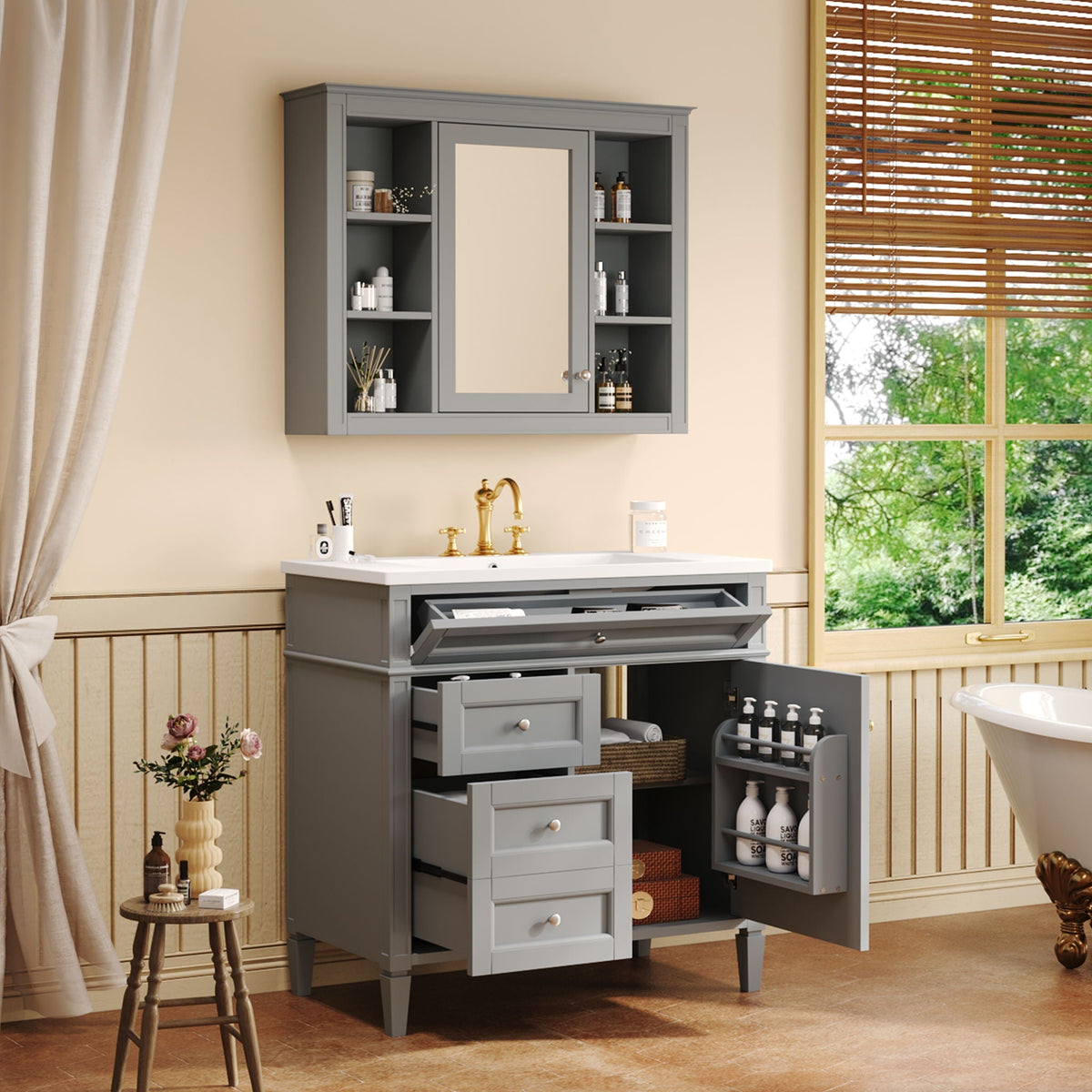 Bathroom Vanity With Mirror Cabinet and Single Sink - Soft-Closing Doors
