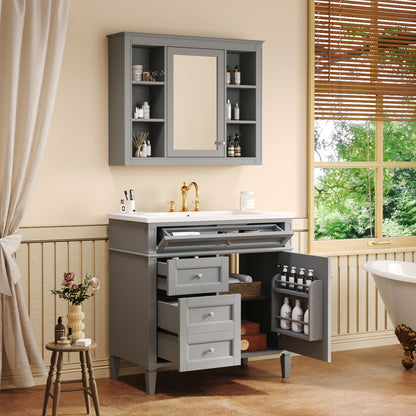 Bathroom Vanity With Mirror Cabinet and Single Sink - Soft-Closing Doors