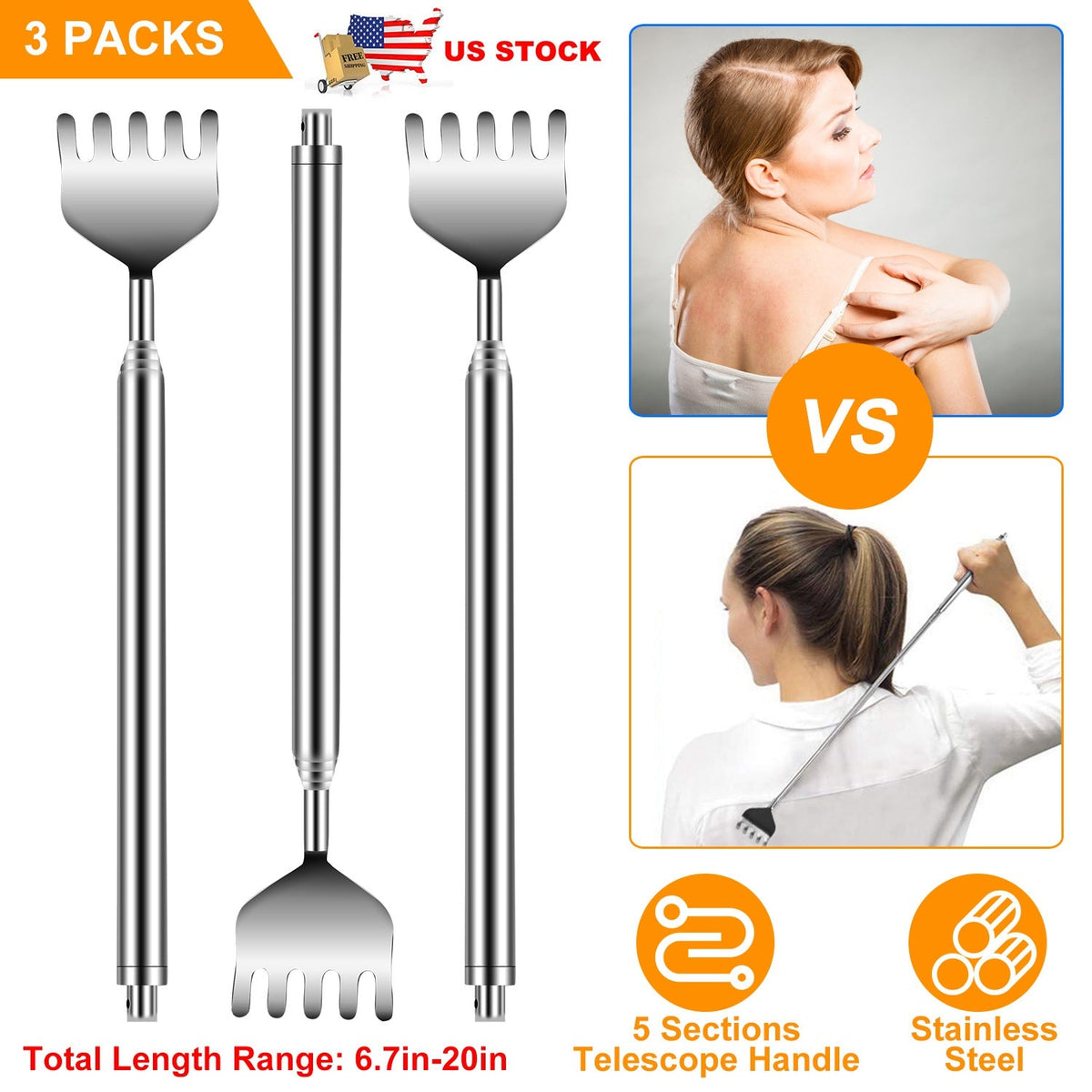 3pcs 20" Telescopic Back Scratcher Stainless Steel Extendable Bear Eagle Claw Massager