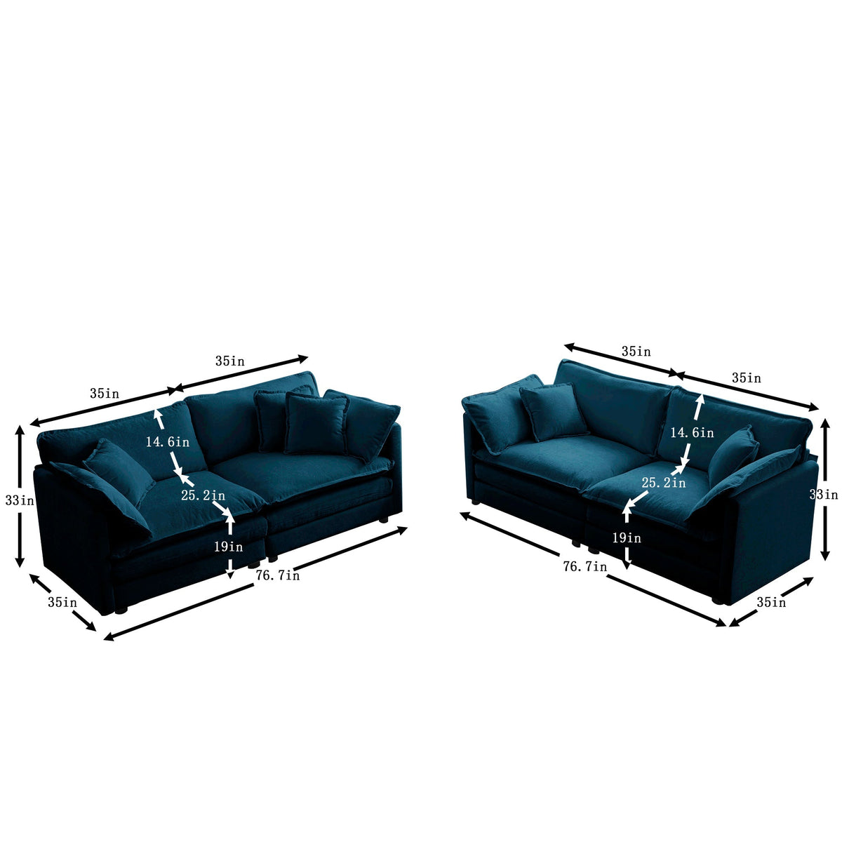 Blue Chenille Sofa Set with Solid Wood Frame - 2 Piece