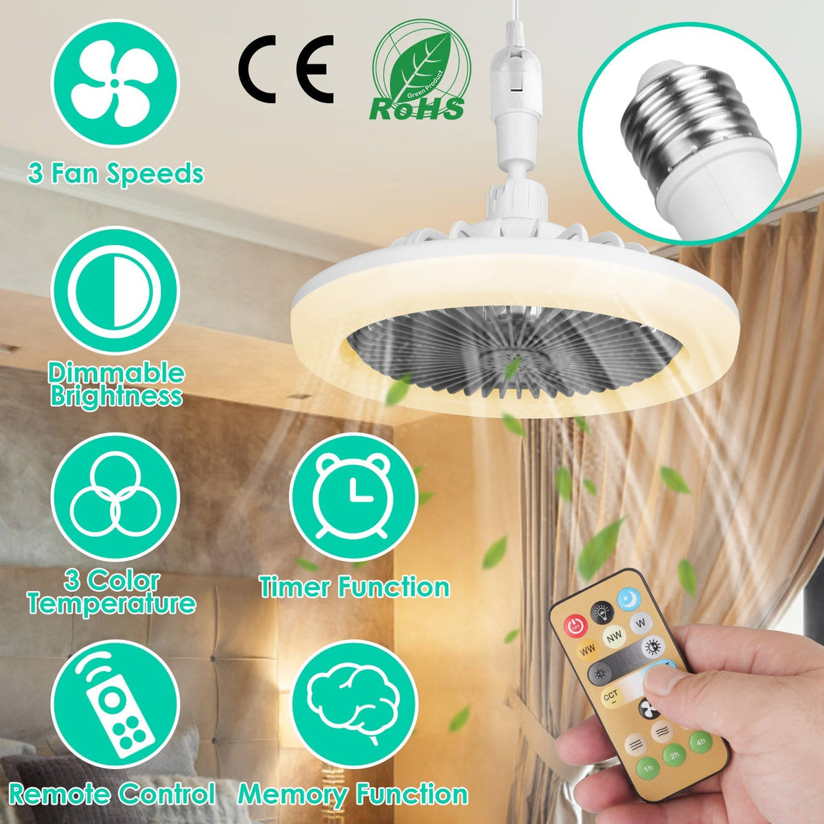 Ceiling Fan With Lights Remote Control 9.44in E27 Socket Fanlight with Dimmable Dimming Light Color Brightness 3 Fan Speed Timer Function