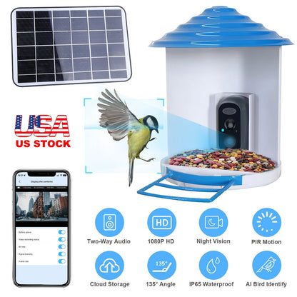 Smart Bird Feeder with Solar Powered Camera 1080P HD AI Identify PIR Motion Auto Capture Video Cloud Card Storage WiFi Connection App Control IP65 Wat