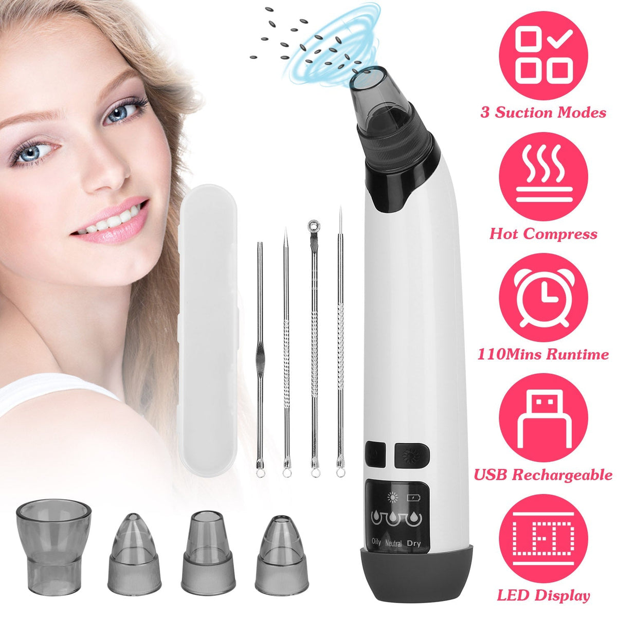 Hot Compress Blackhead Remover Vacuum Electric Pore Extractor Acne Removal Tool with 4 Probes 4 Pimple Popper Tools for All Skins