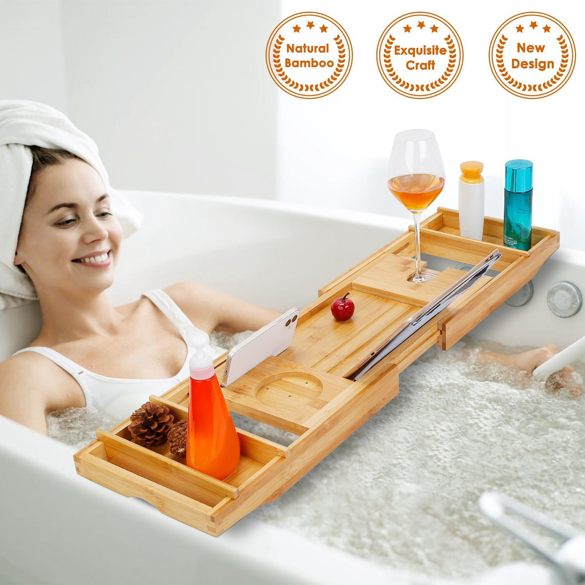 Bathtub Caddy Tray Crafted Bamboo Bath Tray Table Extendable Reading Rack Tablet Phone Holder Wine Glass Holder Shelf Desk Bathroom Spa