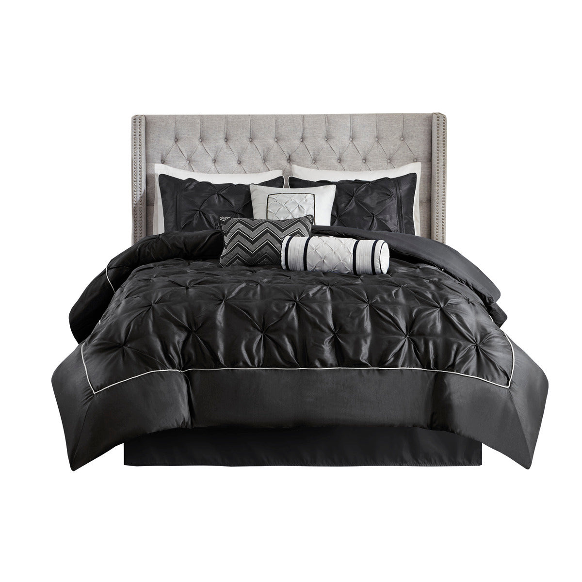 Black 7 Piece Tufted Comforter Set with Embroidered Details - King