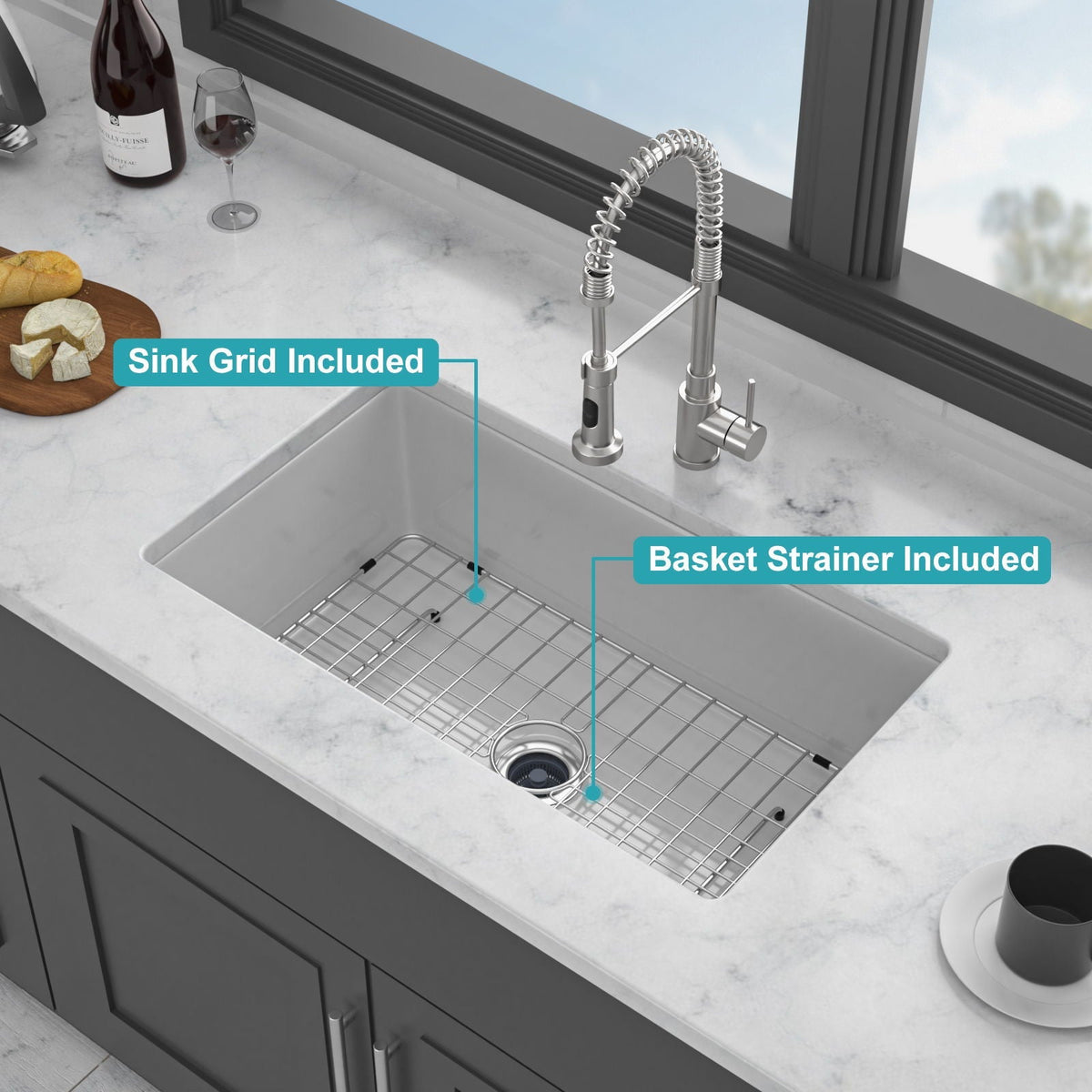 Rectangular Deep Single Bowl Kitchen Sink with Dual Mount Installation - White