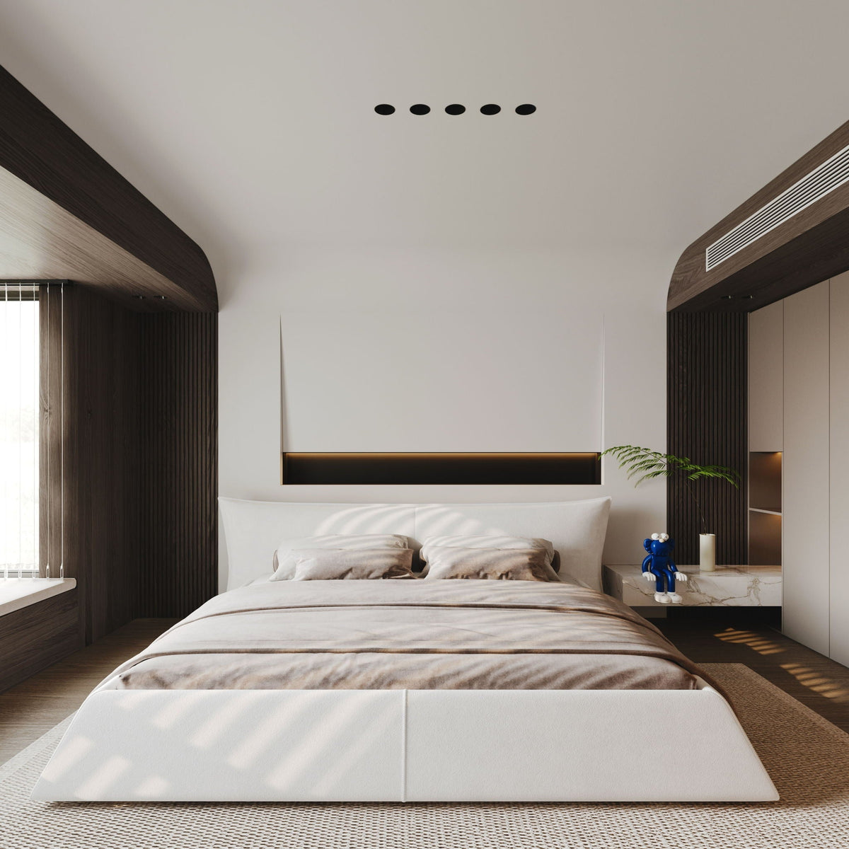 King Size Platform Bed With Special-Shaped Headboard in Cream