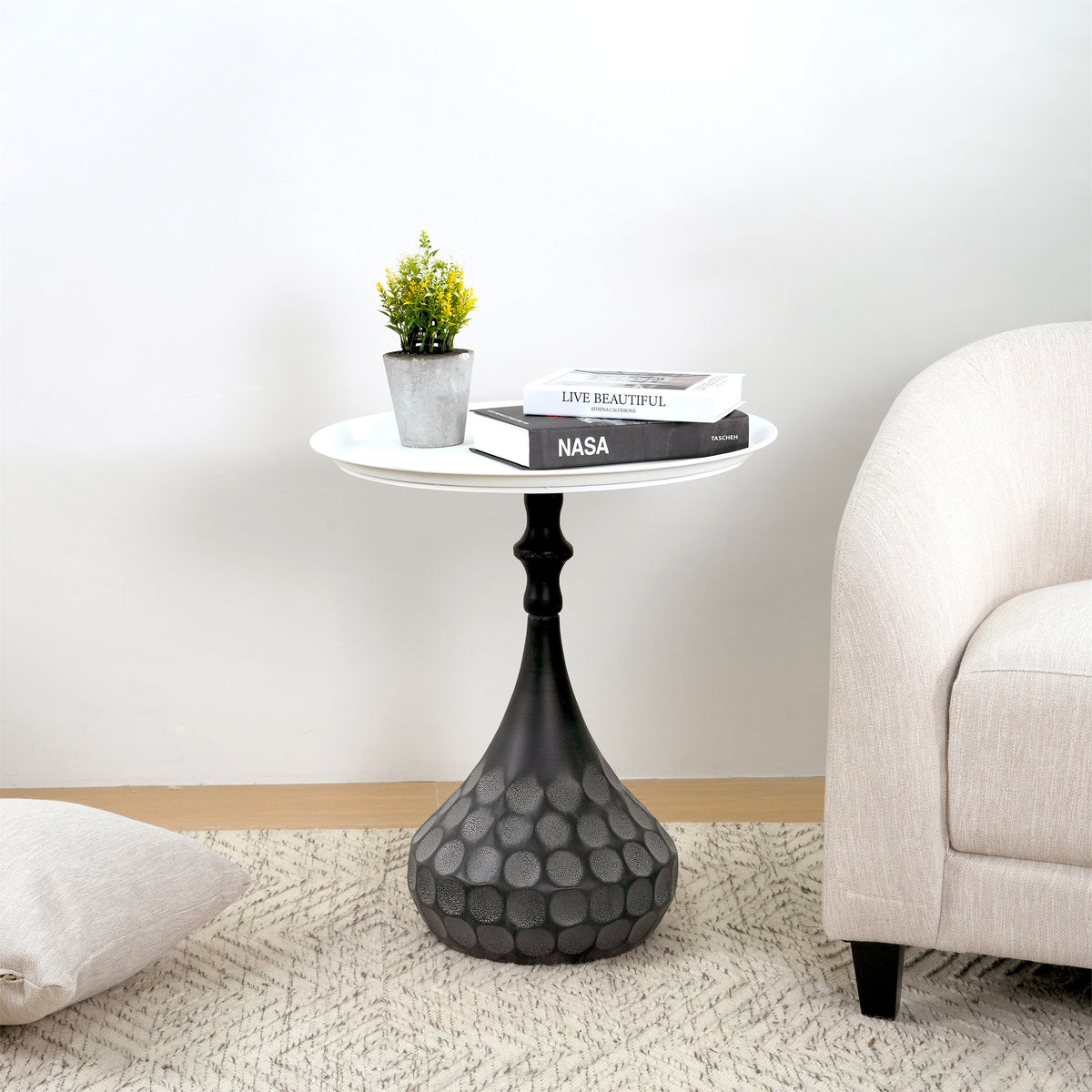 Accent Metal Coffee Table with Hand-Hammered Texture - White & Black