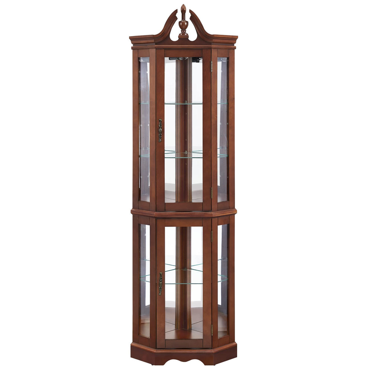 Corner Curio Cabinet with Lights and Adjustable Glass Shelves - Mirrored Walnut