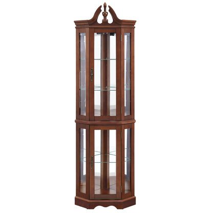 Corner Curio Cabinet with Lights and Adjustable Glass Shelves - Mirrored Walnut