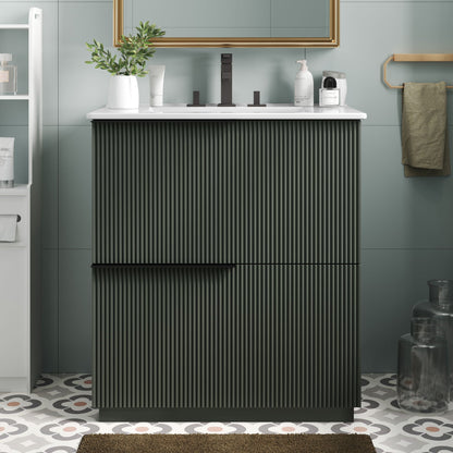 Fluted Bathroom Vanity with Ceramic Sink and Soft-Close Drawers - Light Brown, White, or Dark Green