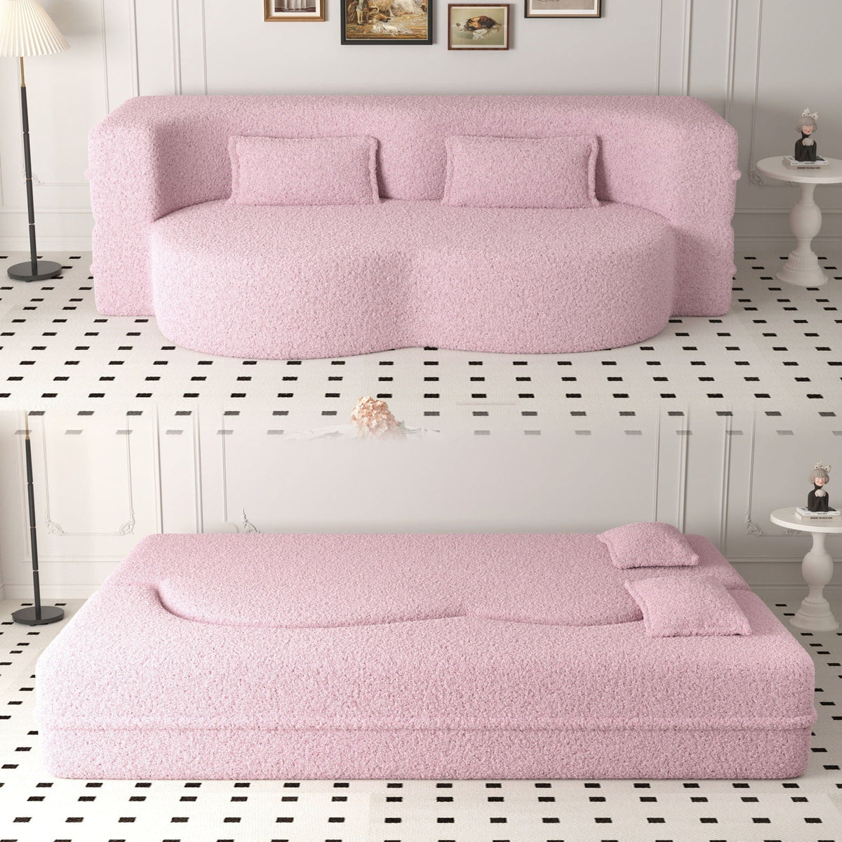 Modern Floor Futon Sofa Bed with Teddy Fabric and Two Pillows - Multiple Colors