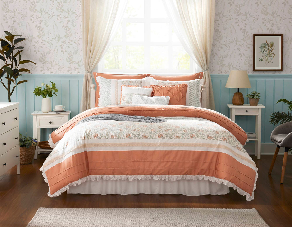 Coral Cotton Percale Comforter Set with Pintucking and Lace Taping - Queen