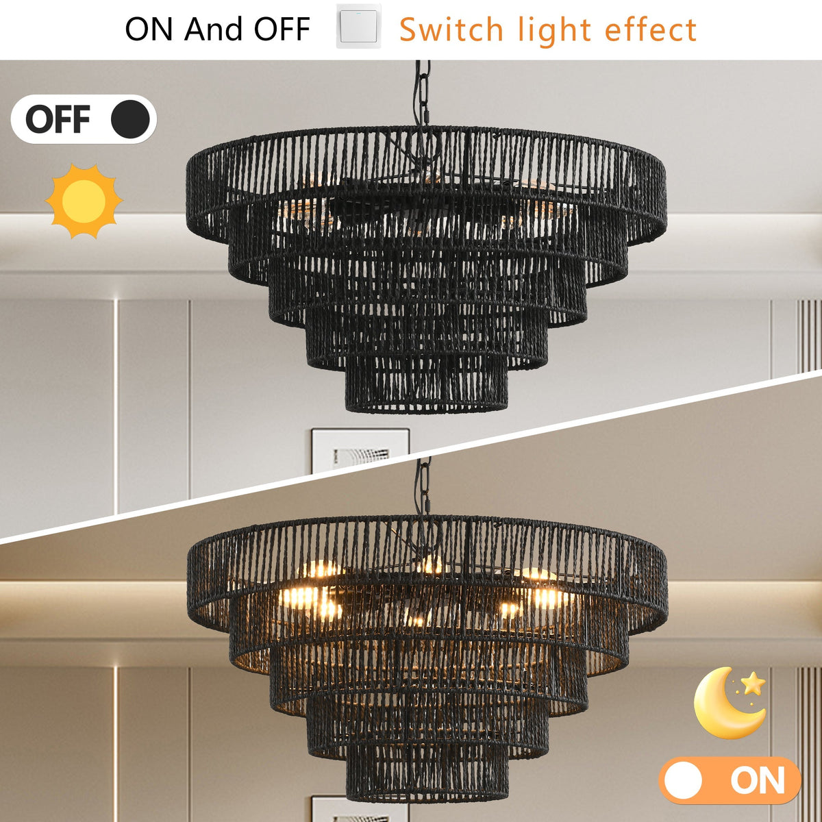 24" Rustic 5-Tier Pendant Light Chandelier with 8 E12 Sockets - Black