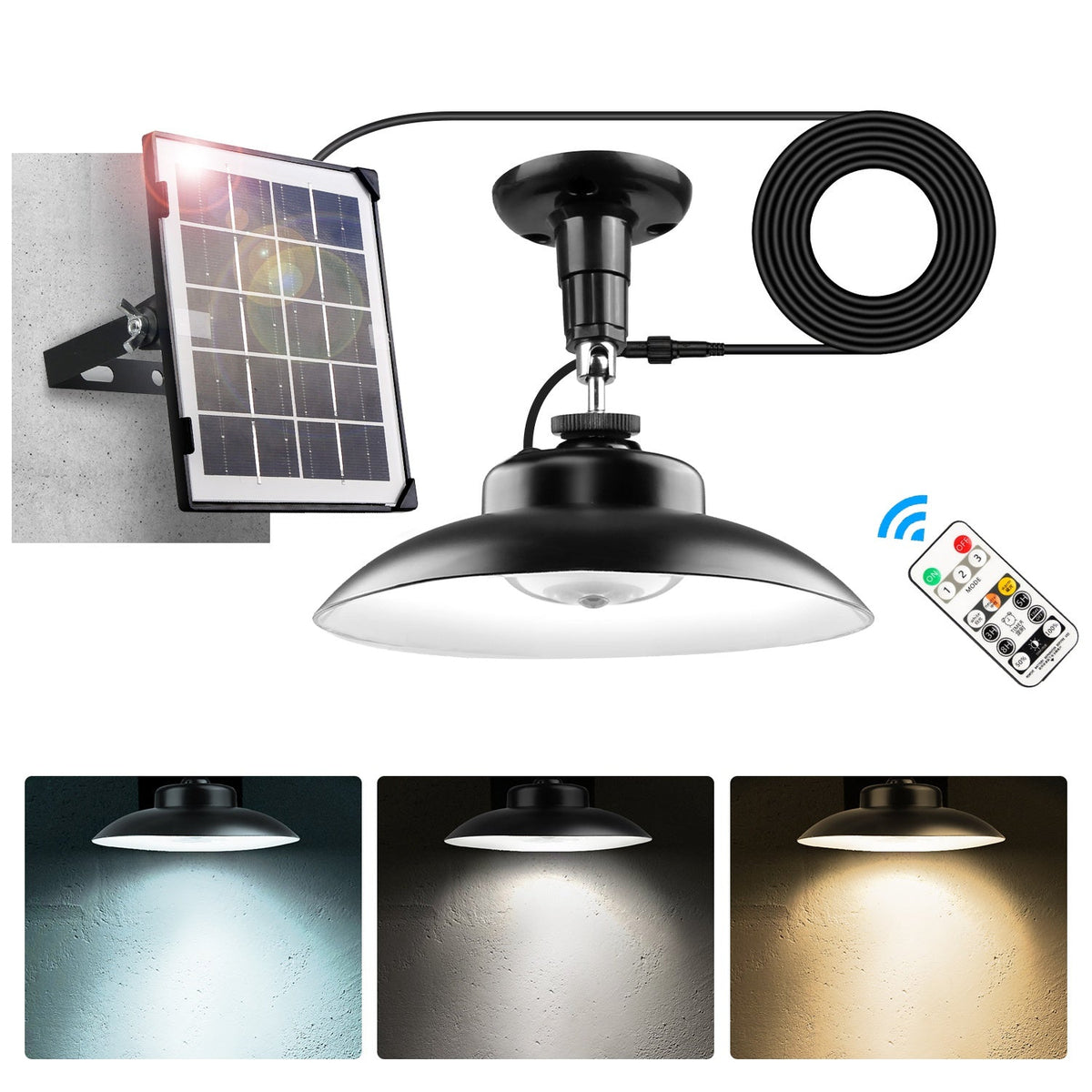 Solar Shed Light with Separate Panel Wall Mounted Solar Pendant Light Indoor Outdoor with Remote Timer 3 Modes 3 Light Colors IP 55 Waterproof for Gaz