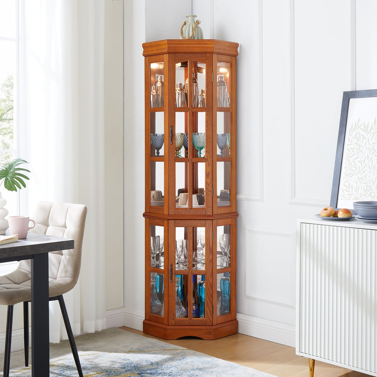 Corner Curio Cabinet with 5 Shelves and Lighting System - Dark Brown or Light Brown