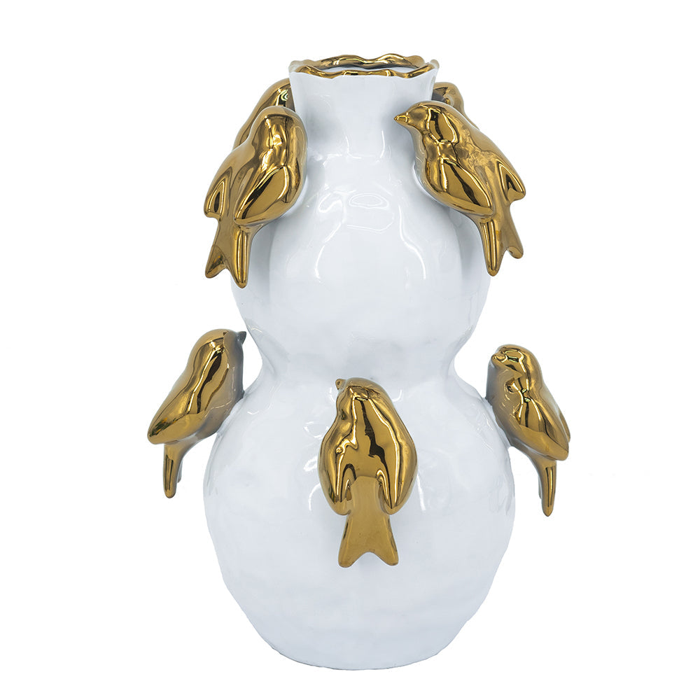 White Two-Tiered Ceramic Vase with Gold Bird Accents - 14" Height