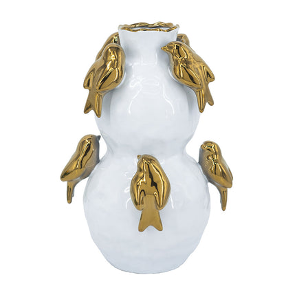 White Two-Tiered Ceramic Vase with Gold Bird Accents - 14" Height