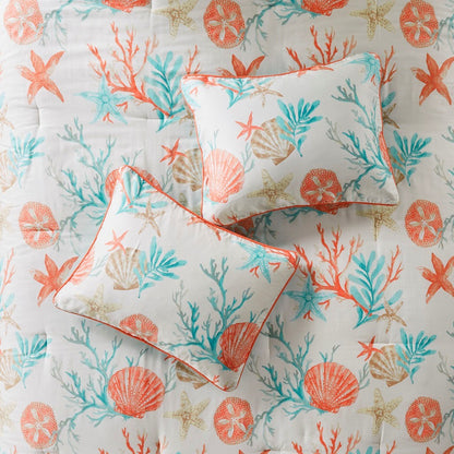 Cotton Sateen Comforter Set with Coastal Motifs - Coral