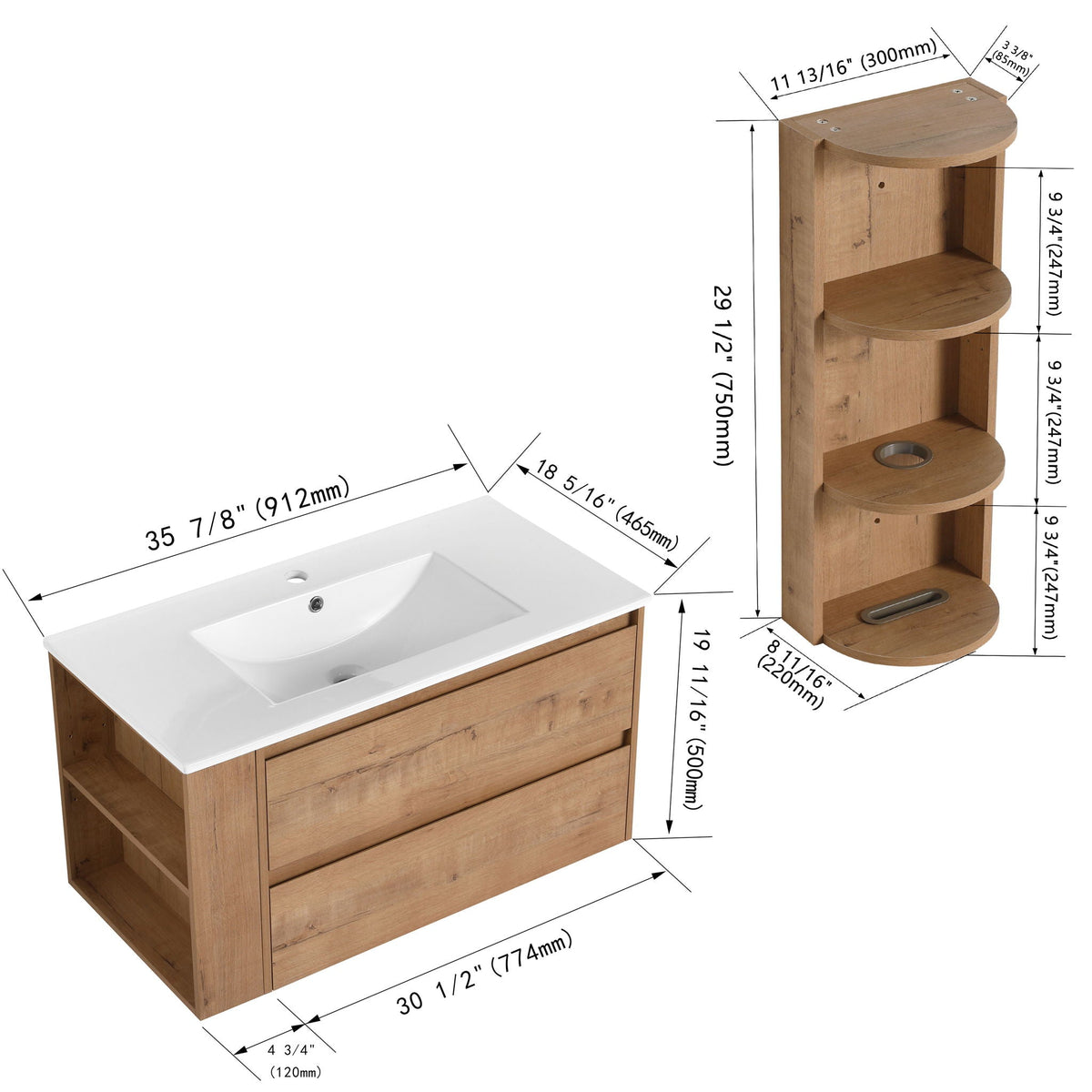 Modern Wall Mounted Bathroom Vanity with Ceramic Sink and Storage - Light Brown