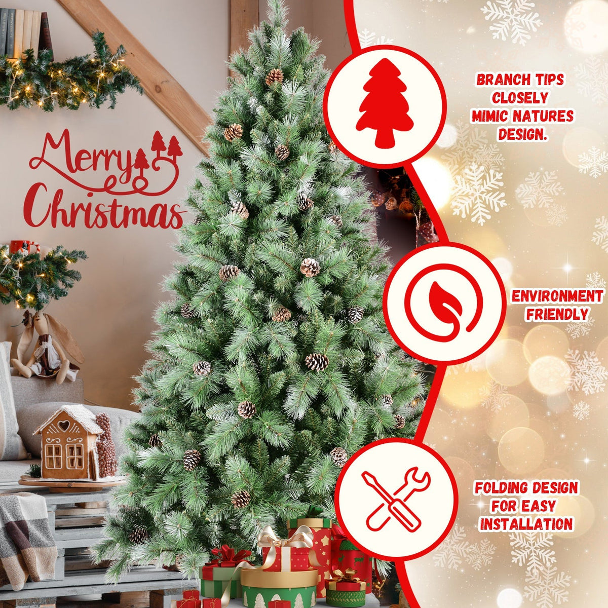 8 Ft Full-Bodied Pre-Decorated Pinecone Christmas Tree with Pine Cones - Green