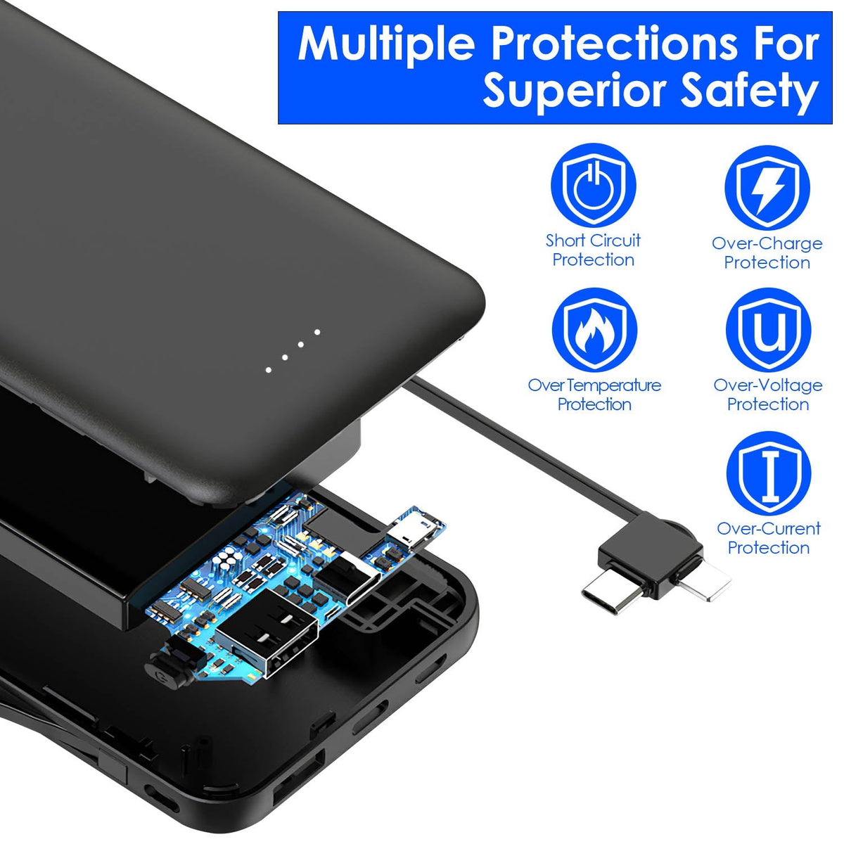 10000mAh Power Bank Portable Phone Charger External Battery Pack with LT & Type-C Double-ended Cable Type-C USB Cable Fit For IOSPhone 14 Android And