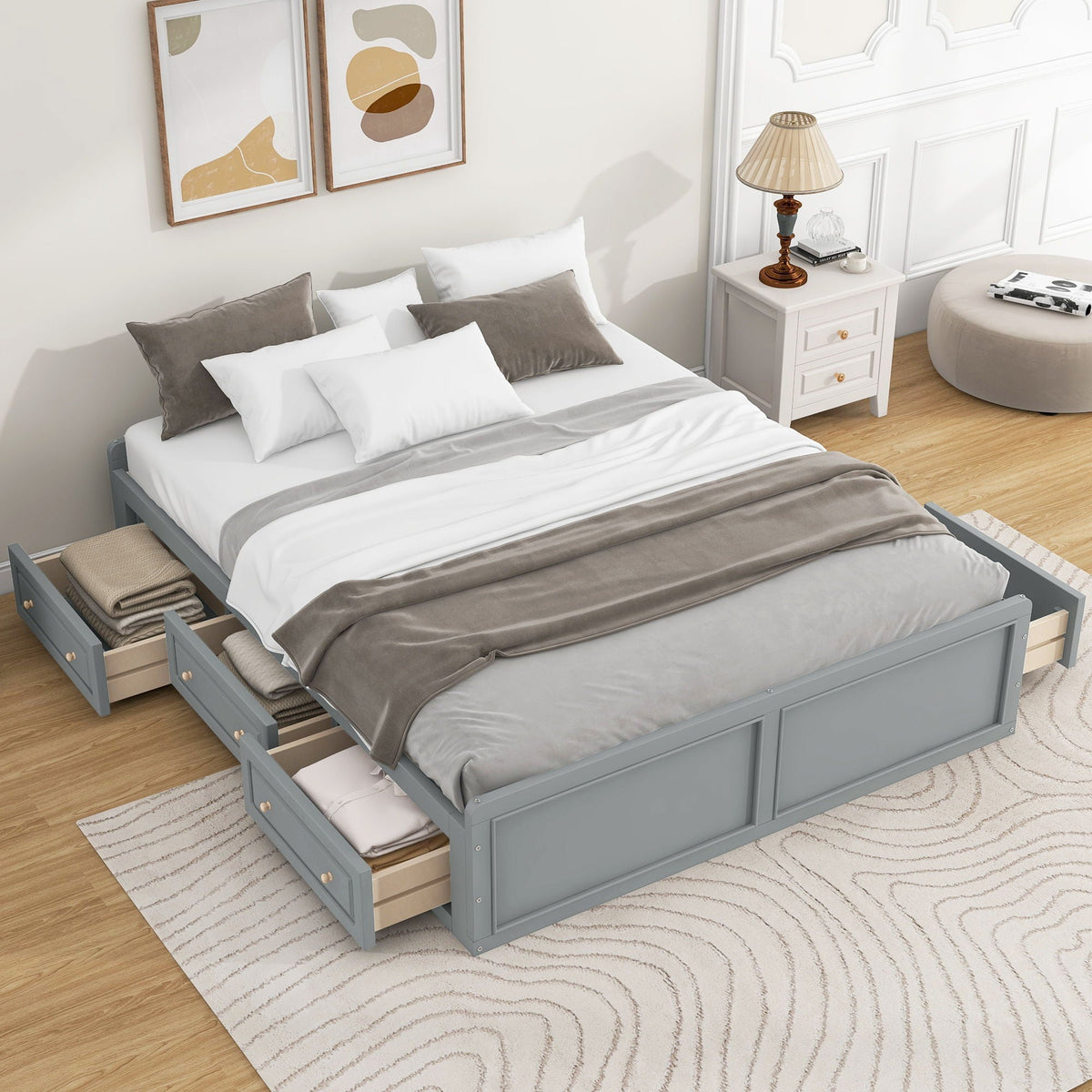 Queen Size Platform Bed Frame with 6 Drawers - Gray