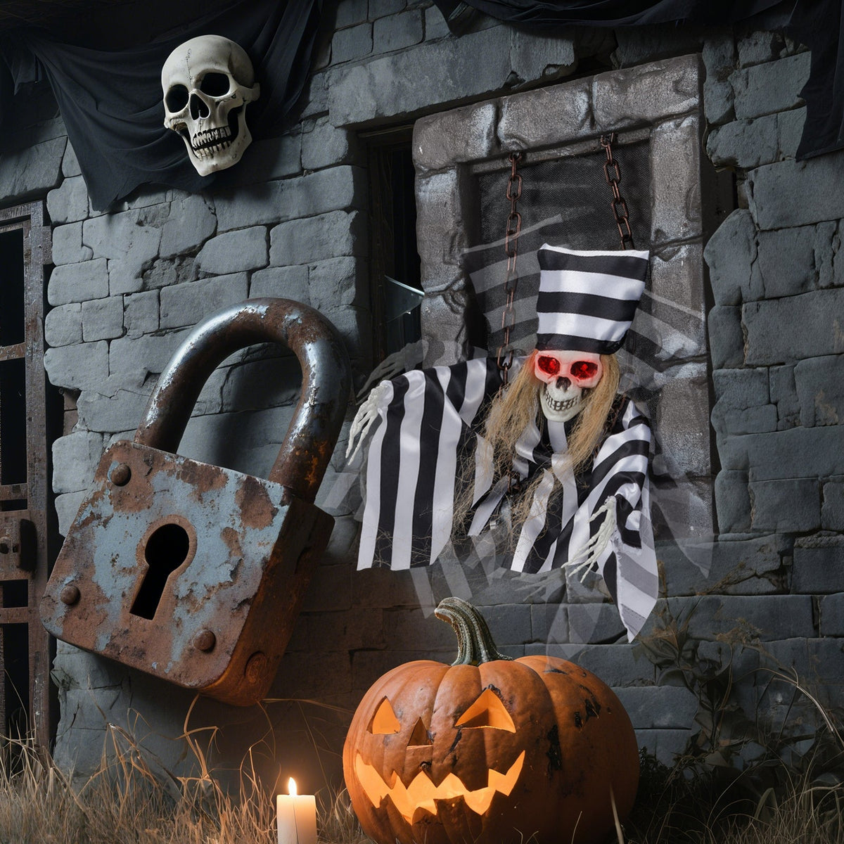 Animated Halloween Decoration 18 Inch Hanging Skull Prisoner