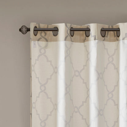 Fretwork Print Grommet Top Window Curtain Panel with Sunlight Filtering - Beige/Grey