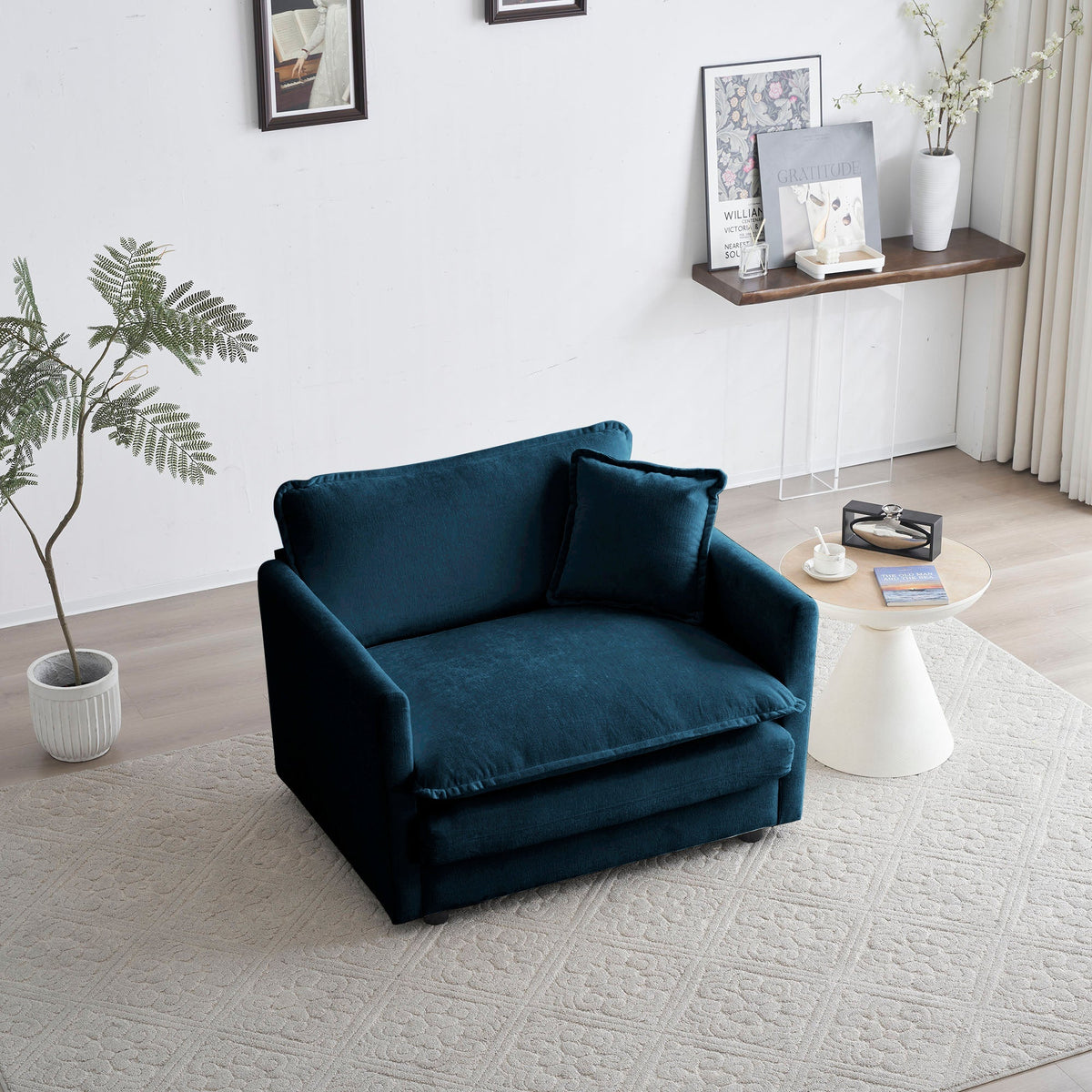 Comfy Deep Single Seat Sofa Upholstered Armchair with Toss Pillow - Blue Chenille