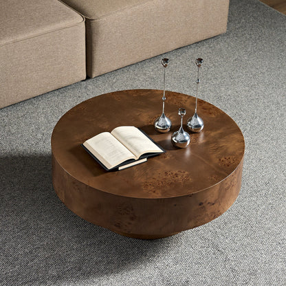 Walnut Burl Wood Veneer Round Coffee Table with Pedestal Base - Walnut