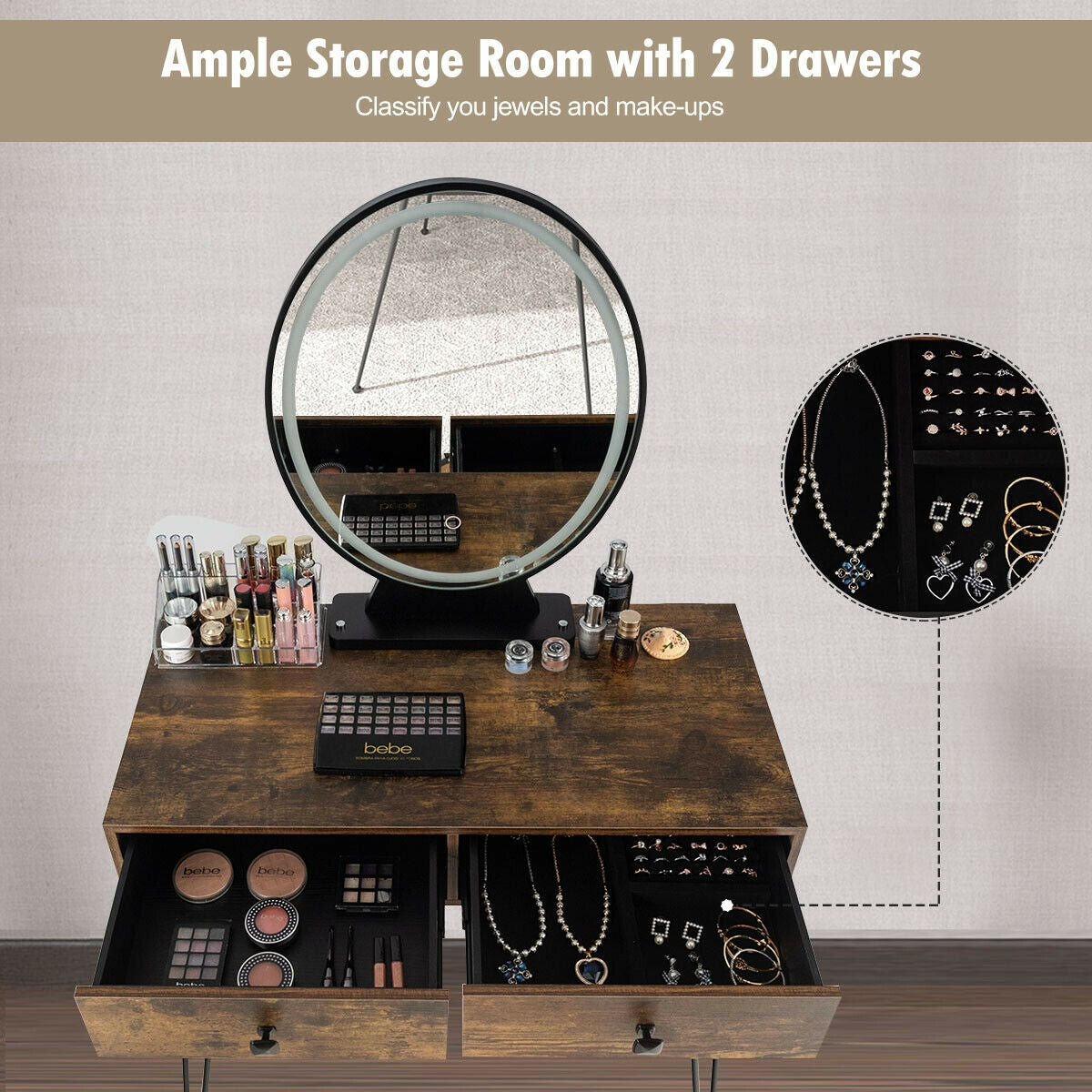 Industrial Makeup Dressing Table with 3 Lighting Modes