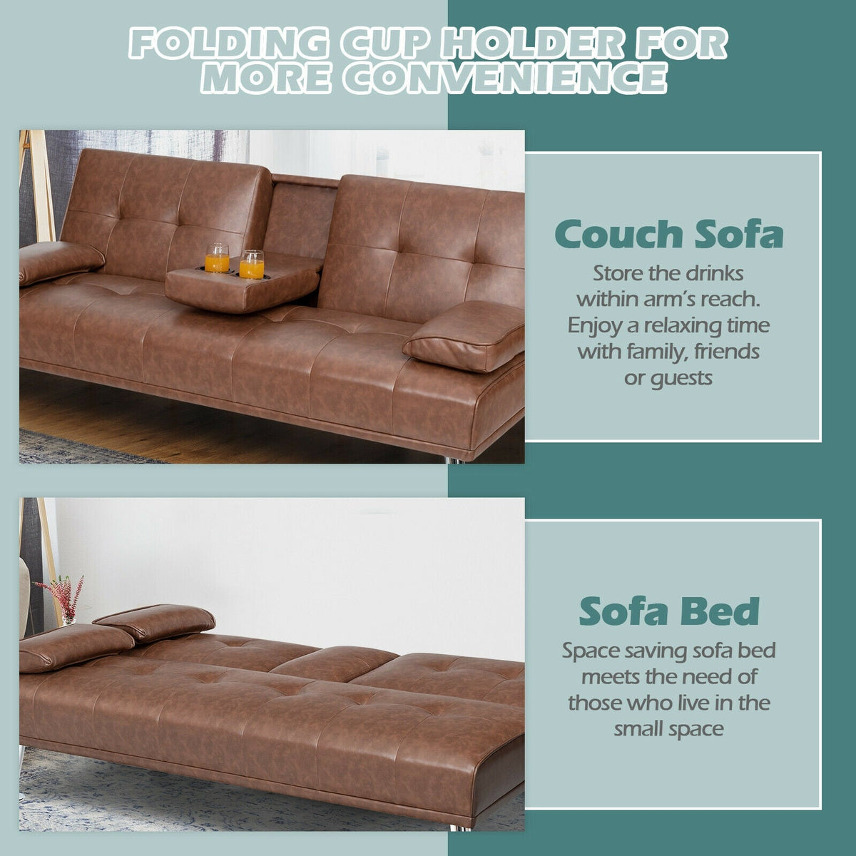 Convertible Folding Leather Futon Sofa with Cup Holders and Armrests