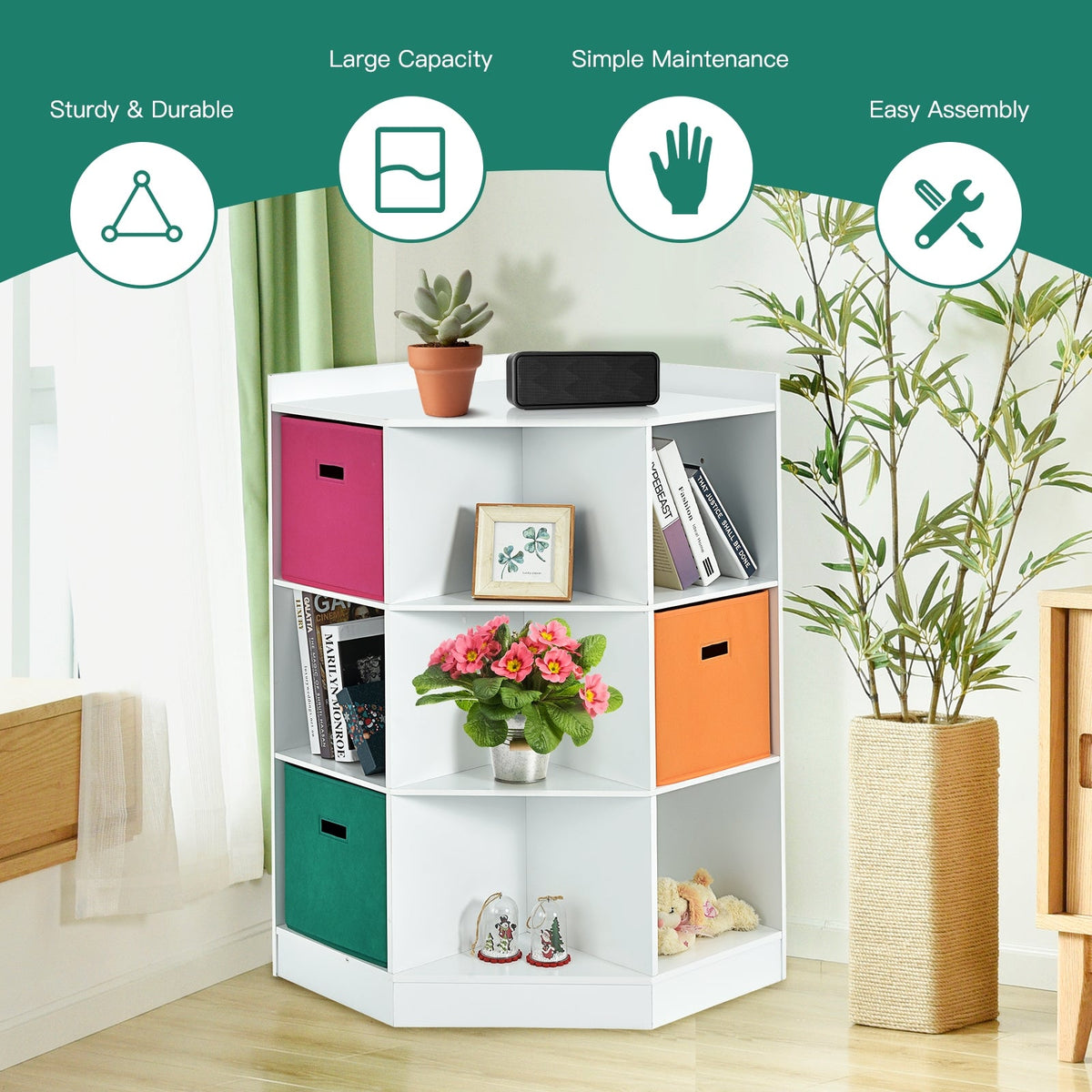 3-Tier Kids Storage Shelf Corner Cabinet with 3 Baskets