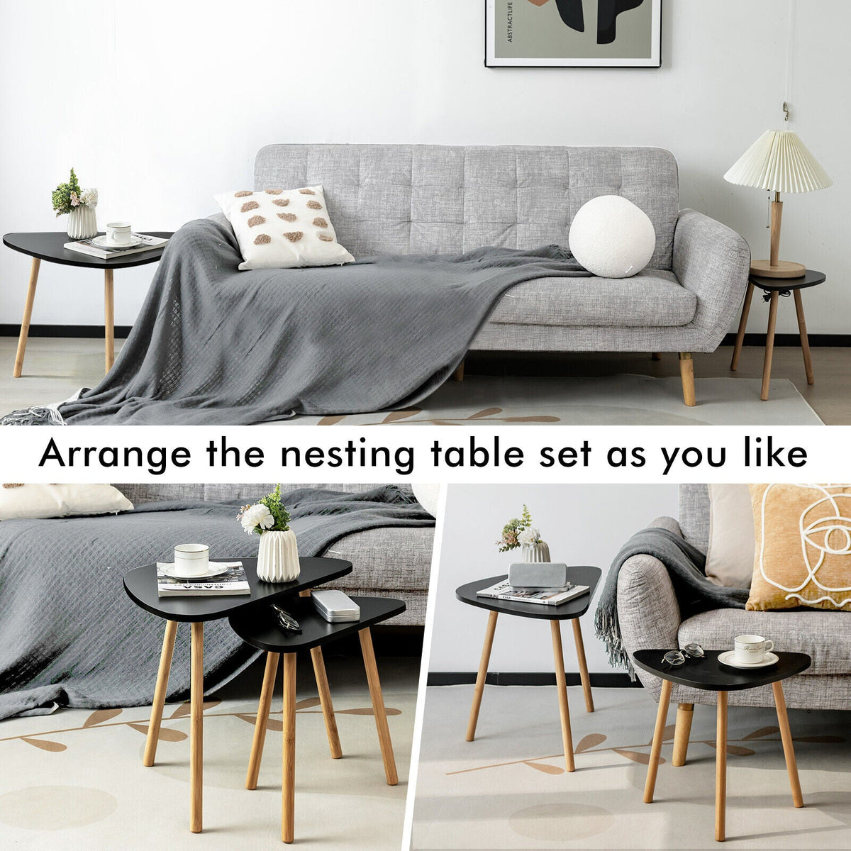 Set of 2 Modern Nesting Coffee Tables Triangular Tabletop Bamboo Legs
