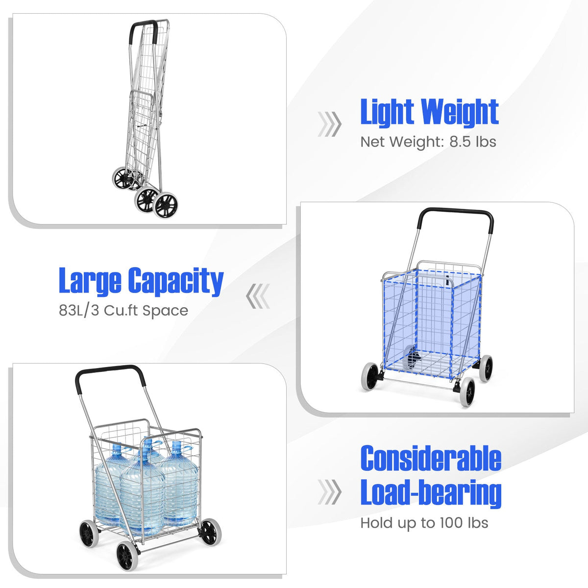 Portable Folding Shopping Cart Utility for Grocery Laundry-Silver