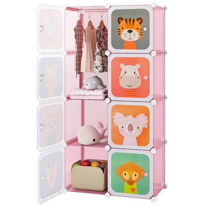 8-Cube Kids Wardrobe Closet with Clothes Hanging Section and Doors-Pink