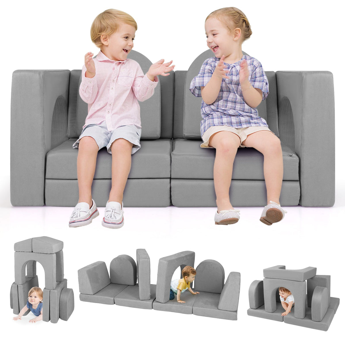 8-Piece Modular Kids Play Couch with Comfy Suede Fabric-Gray