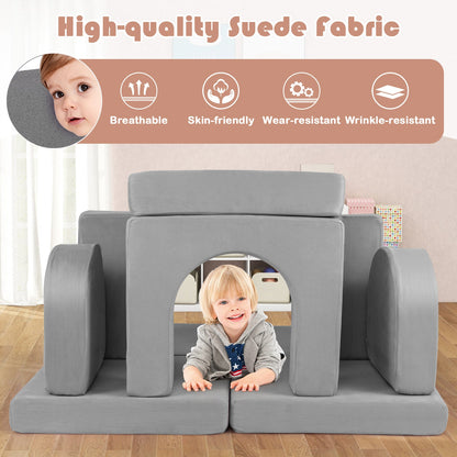 8-Piece Modular Kids Play Couch with Comfy Suede Fabric-Gray