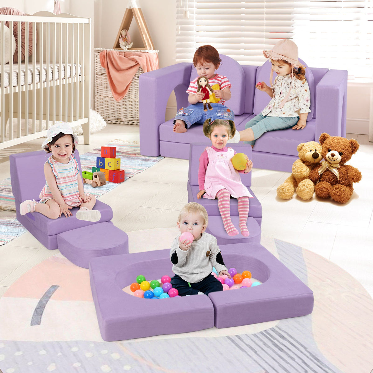 8-Piece Modular Kids Play Couch with Comfy Suede Fabric-Purple
