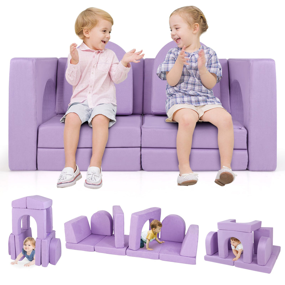 8-Piece Modular Kids Play Couch with Comfy Suede Fabric-Purple