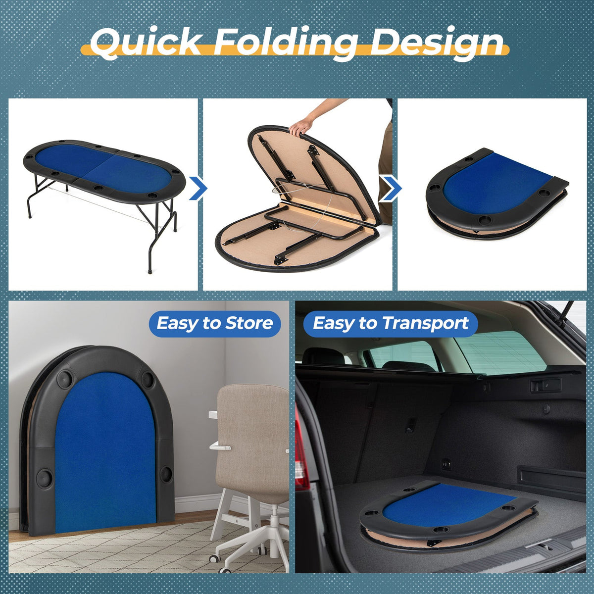 8 Players Texas Holdem Foldable Poker Table-Blue