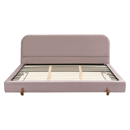 Elegant Upholstered Bed Frame with Solid Wood Legs - Pink or White