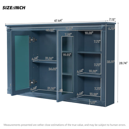 Wall-Mounted Mirror Cabinet with Adjustable Shelf and Open Shelves - White or Blue