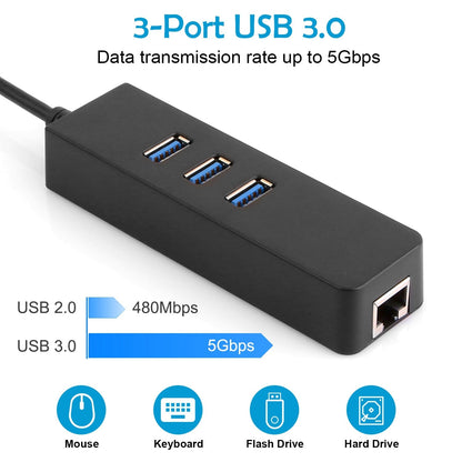 3 Ports USB 3.0 Hub Gigabit Ethernet Adapter 10/100/1000 Mbps Converter LAN RJ45 Wired USB Network Adapter