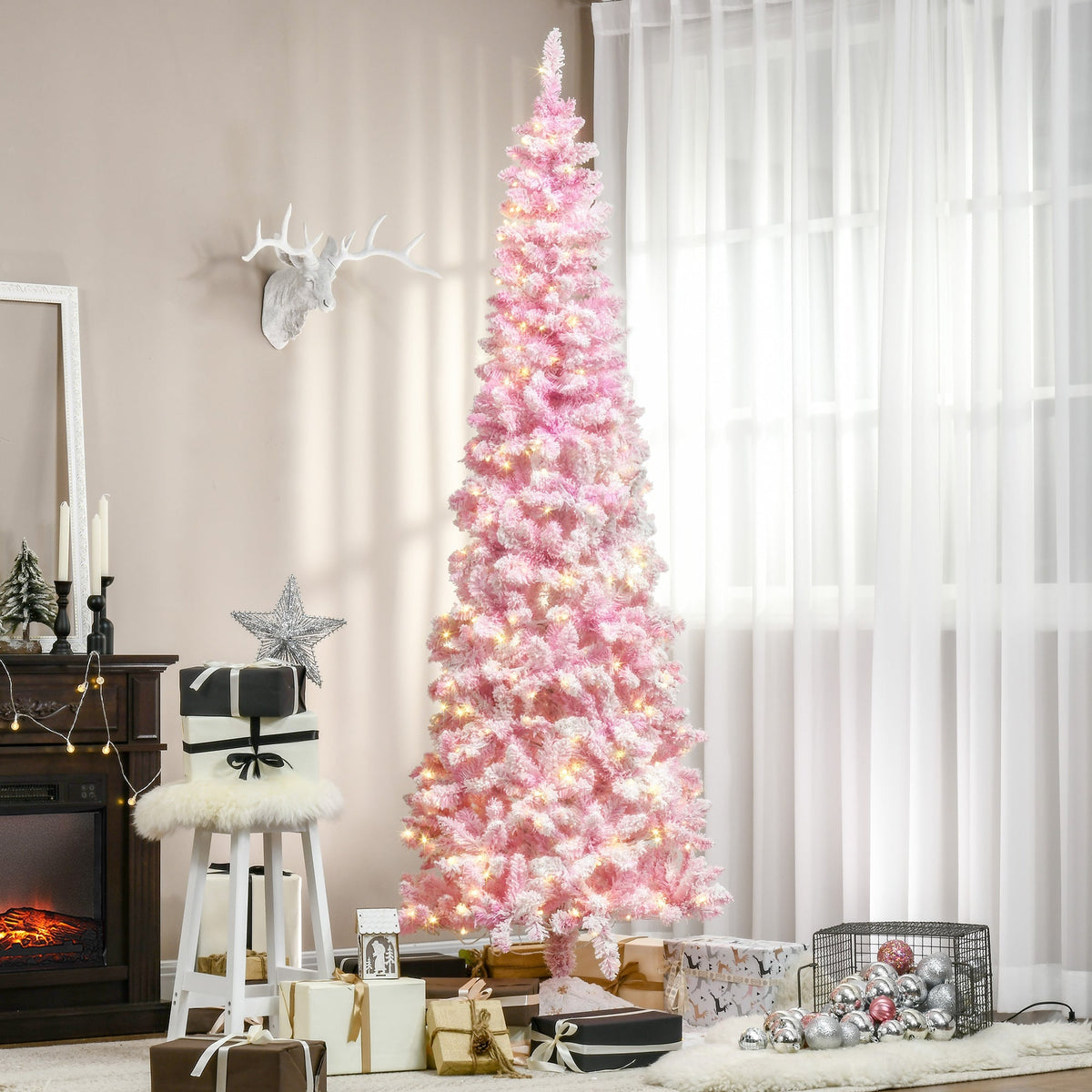 Prelit Snow Flocked Artificial Christmas Tree with LED Lights - Pink, 7.5ft