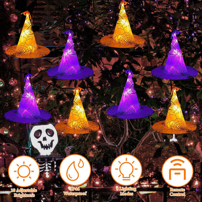 8 Pack 13FT Witch Hat Hanging String LED Light Halloween Decoration Battery Powered Remote Control 8 Lighting Modes Glowing Outdoor Indoor Halloween P