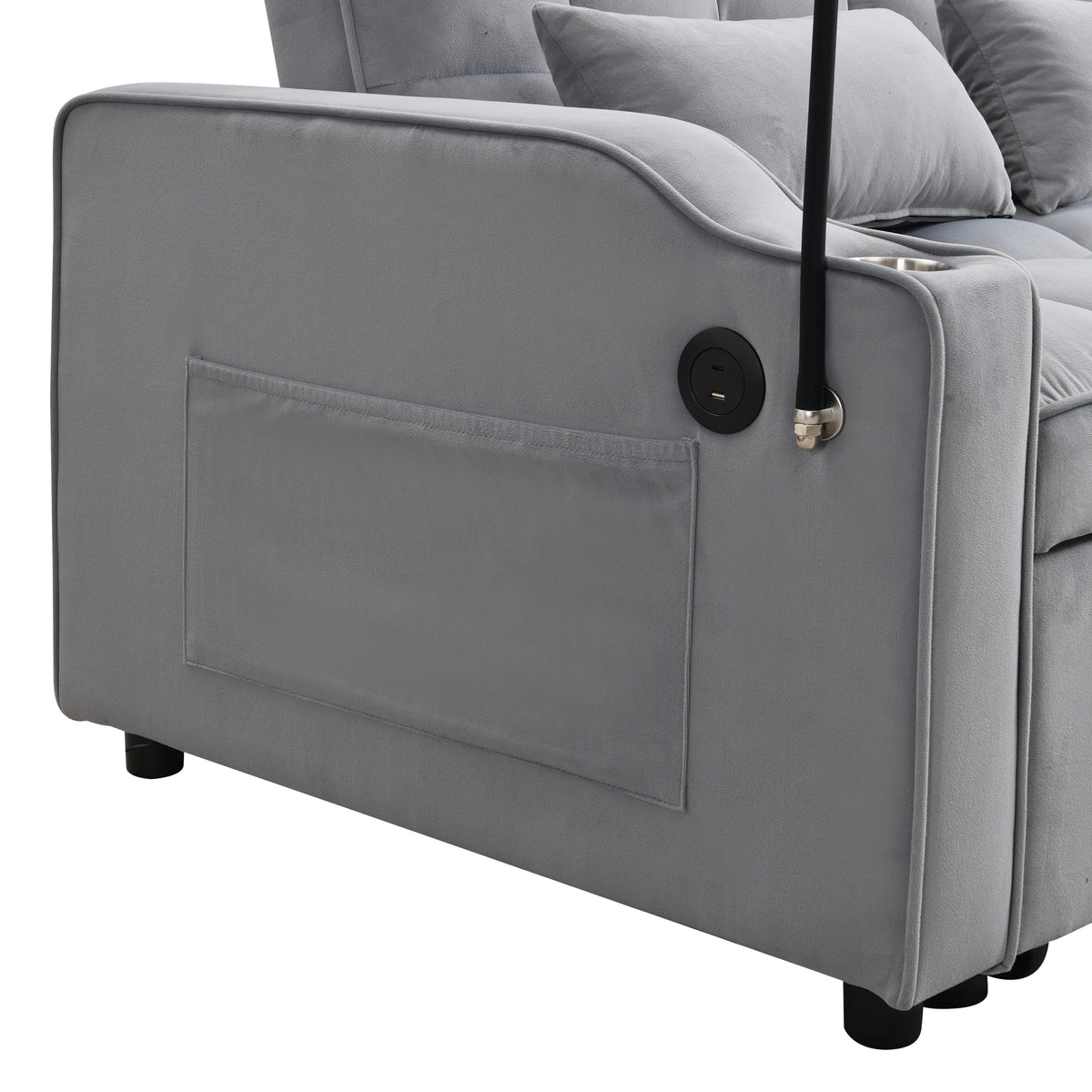 Modern Velvet Sleeper Loveseat with Pullout Bed and USB Ports - Light Gray