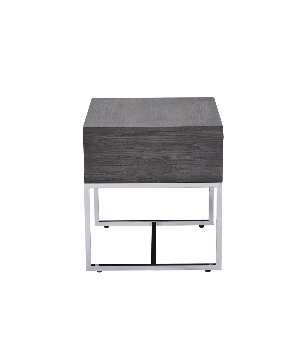 Gray Oak End Table with Felt-Lined Drawer and Chrome Base