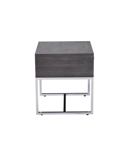 Gray Oak End Table with Felt-Lined Drawer and Chrome Base